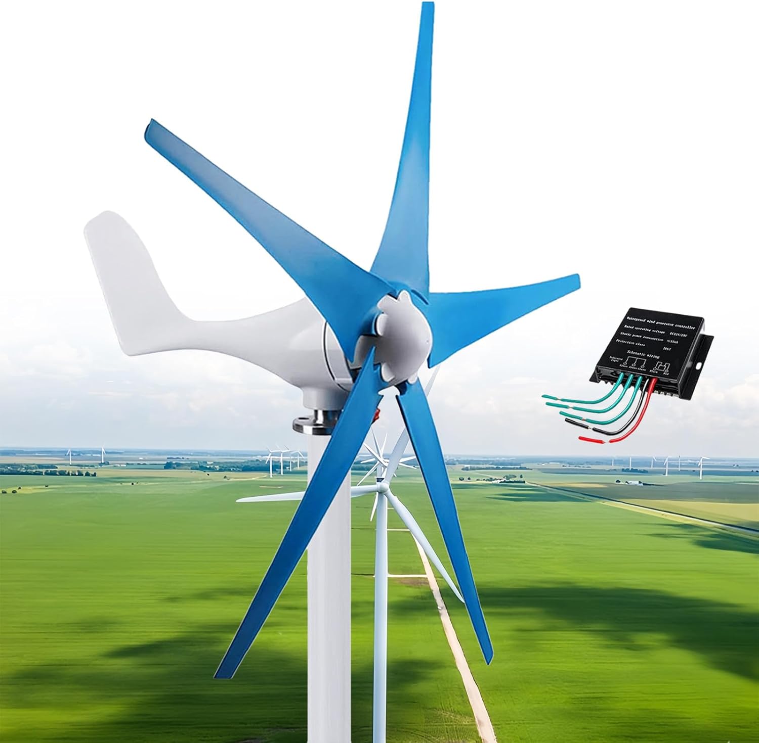 12000W Wind Turbine, DC 12V/24V/48V 5 Blade Wind Vertical Generator, 3 Phase AC Permanent Magnet Generator Wind Turbine Kit with MPPT Controller Suit for Hybrid Solar Wind-System,Blue-48V