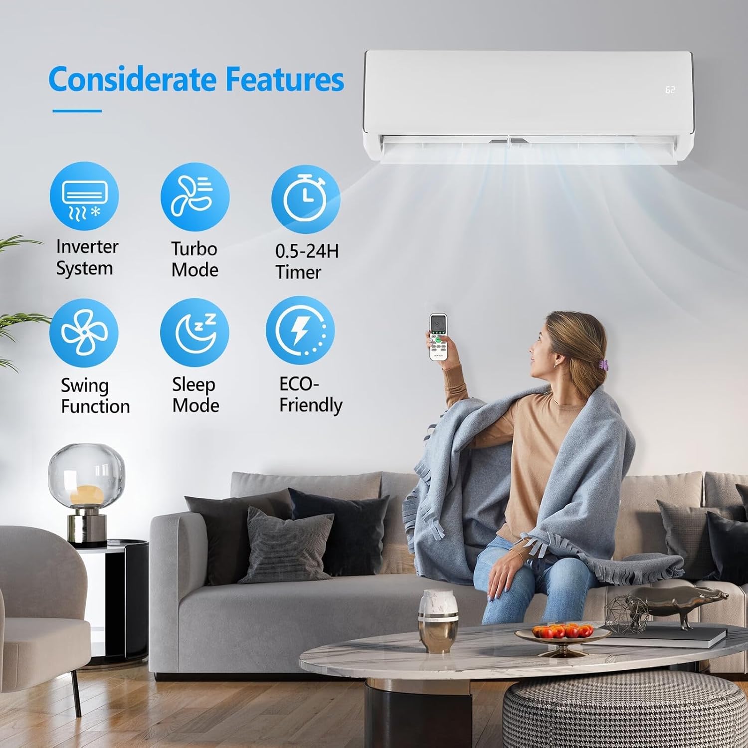 Bonnlo 11500BTU Wifi Enabled Mini Split Air Conditioner & Heater, 17 SEER2 115V Inverter Ductless Wall AC Unit with Pre-Charged Condenser, Heat Pump & Installation Kit