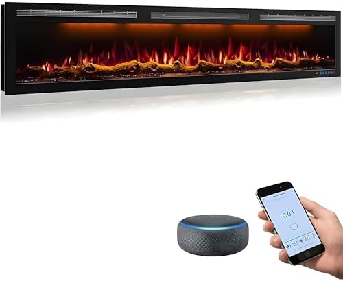 72 Inch WiFi-Enabled Electric Fireplace Inserts & Wall Mounted, Slim Electric Fireplace Heater, 750/1500w, Adjustable Flame Color, Remote Control & Touch Screen, Logs & Crystals, Black
