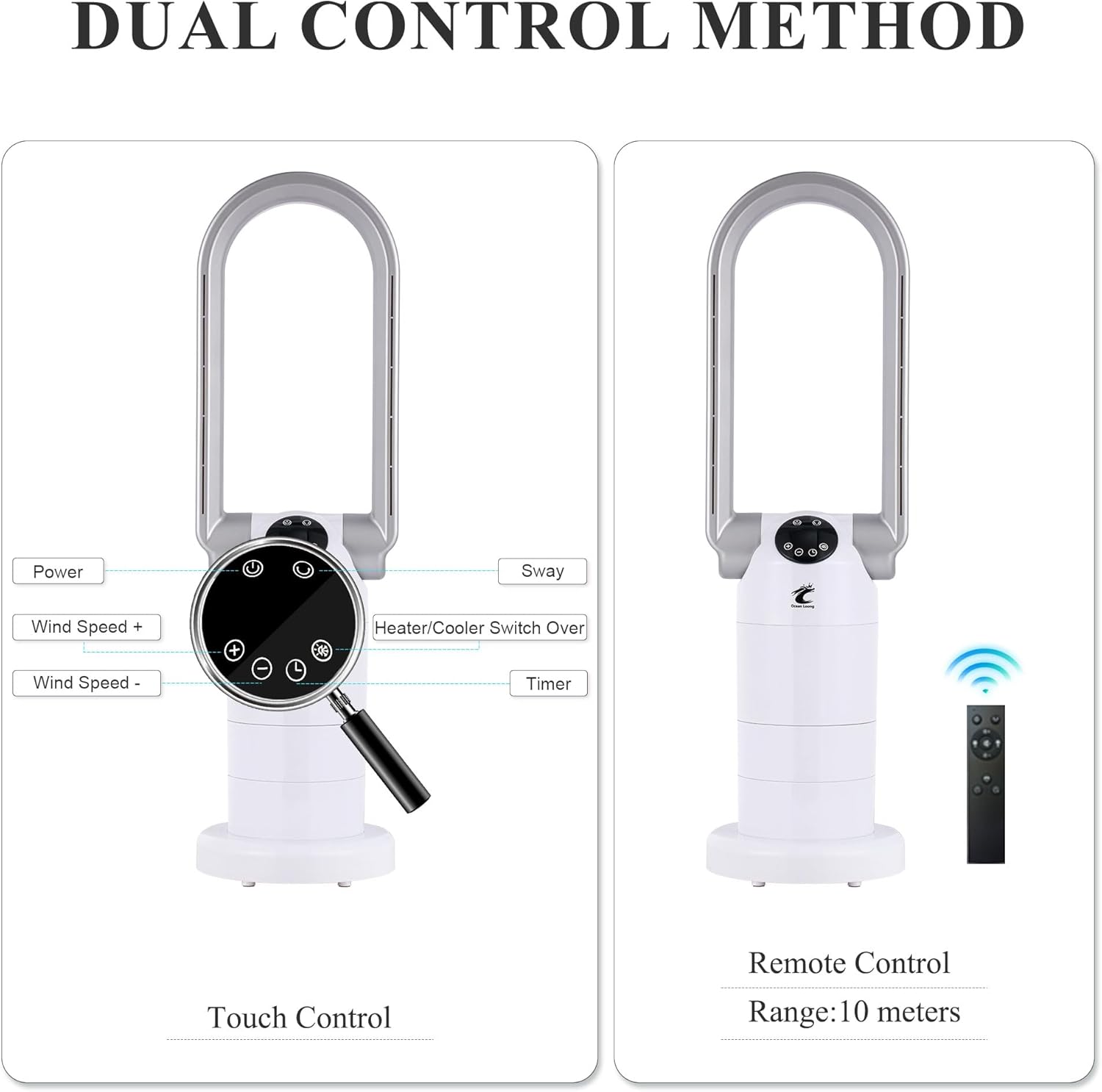 Ocean Loong 1500W Bladeless Tower Fan & Space Heater Combo for Home with Remote Control Timer Oscillation Tip-Over Switch and Adjustable Thermostat, 29” Silver