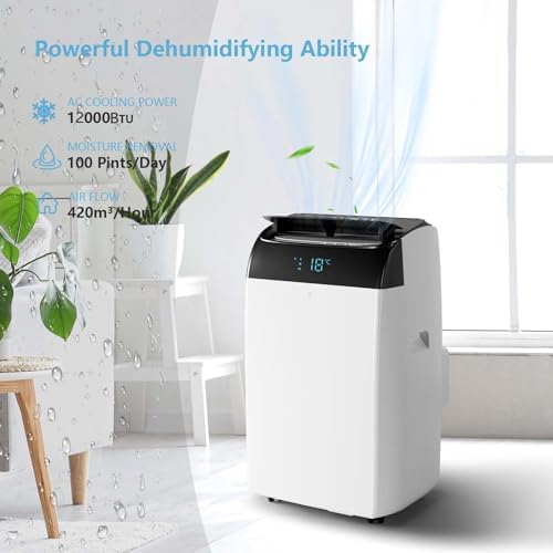 12000Btu Portable Air Conditioner with Remote Control, Quiet AC Unit with Cool, Dehumidifier & Fan Mode Room Cooling Up to 500 sq ft, 24 Hour Timer, Window Installation Kit for Home, White