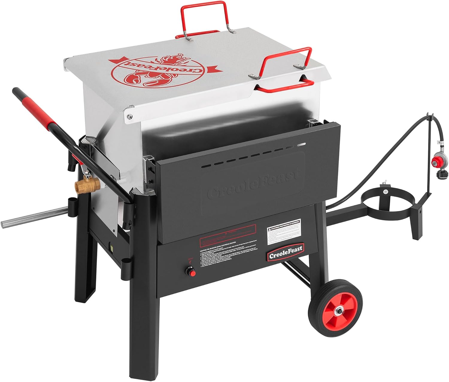 Creole Feast CFB3001 70 QT Outdoor Crawfish Boiler with Stir Paddle & Wheels, Heavy-Duty Seafood Boiler with Foldable Cylinder Bracket for Cajun Boils, Shrimp, Crab, and More, Silver & Black