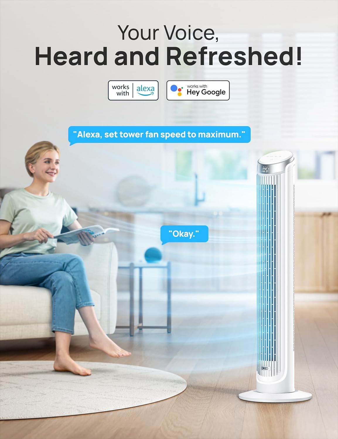 Dreo Smart Tower Fan for Bedroom, Standing Fans for Indoors, 90° Oscillating, 26ft/s Velocity Quiet Floor Fan with Remote, 12H Timer, Voice Control Fans for Indoors, Compatible with Alexa
