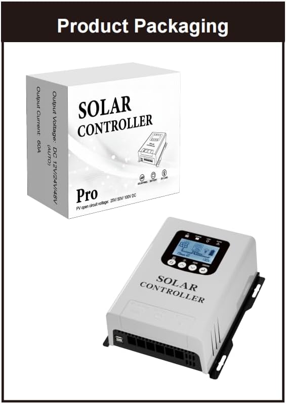 60A PWM Solar Charge Controller, 12V/24V/48V Automatic Solar Panel Current Detection System with 60A Maximum Output for Batteries