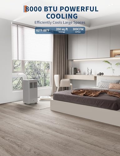 8,000 BTU Portable Air Conditioner, 3-in-1 Portable AC Units for Rooms with Cool/Dry/Fan Modes, Fast Cooling Up to 350 Sq. Ft, Drainage-free Cooling, 50 dB Quiet Sleep Mode, Black&Grey Cover