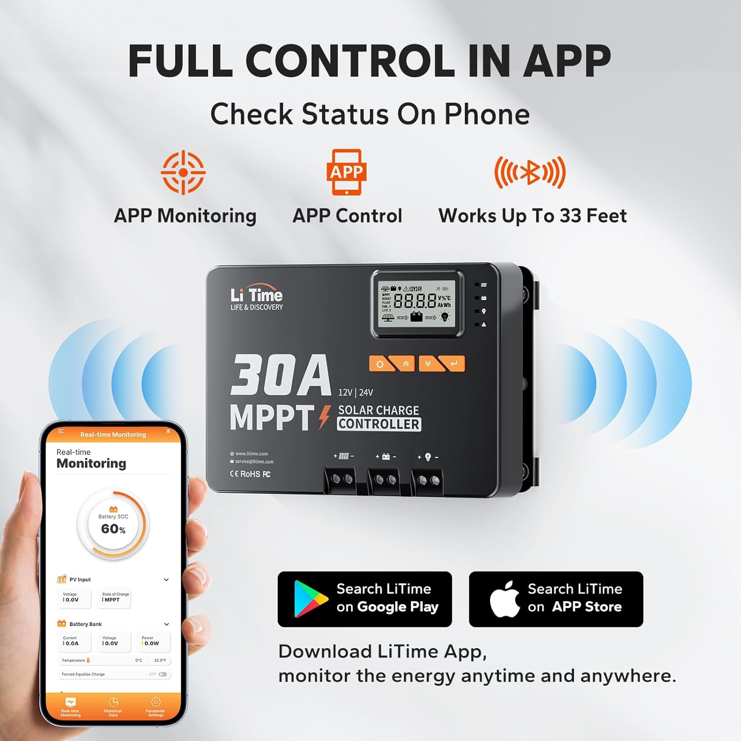 LiTime 30 Amp MPPT 12V/24V/Auto DC Input Solar Charge Controller Build-in Bluetooth Module with 500A Battery Monitor with Shunt