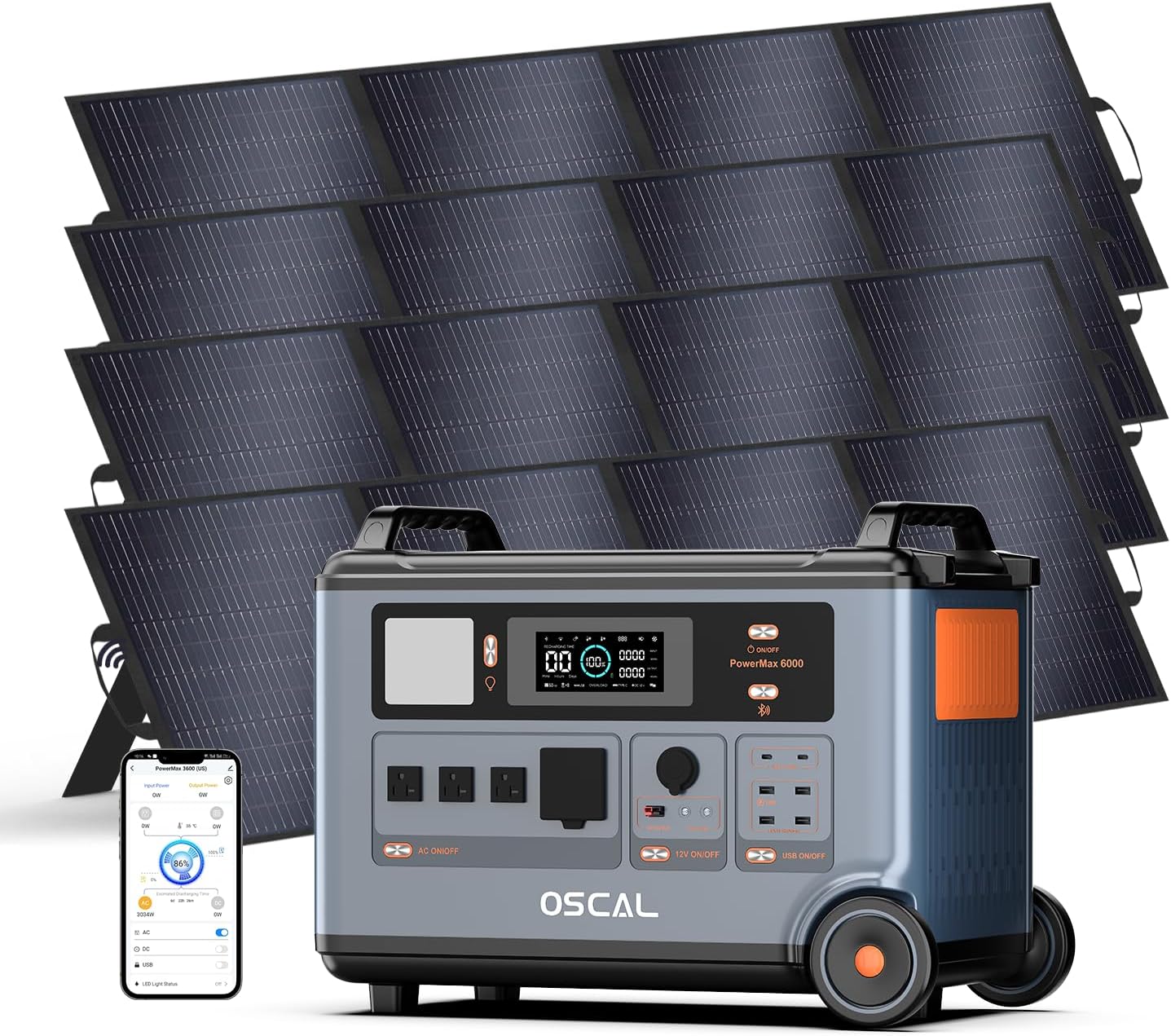 OSCAL PowerMax 6000 Solar Generator with 4x200W Solar Panel, 120V/240V Split Phase Voltage 6000W AC Outlets (9000W Peak), 2200W AC Charging/2400W PV Charging for Home, Emergency, Bank Battery Backup