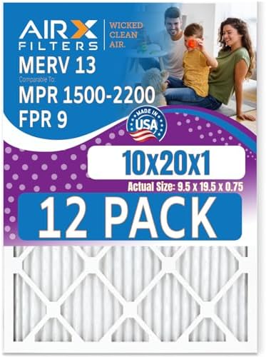 10x20x1 Air Filter MERV 13 Rating, 12 Pack of Furnace Filters Comparable to MPR 1500-2200 & FPR 9 - Made in USA by AIRX FILTERS WICKED CLEAN AIR.