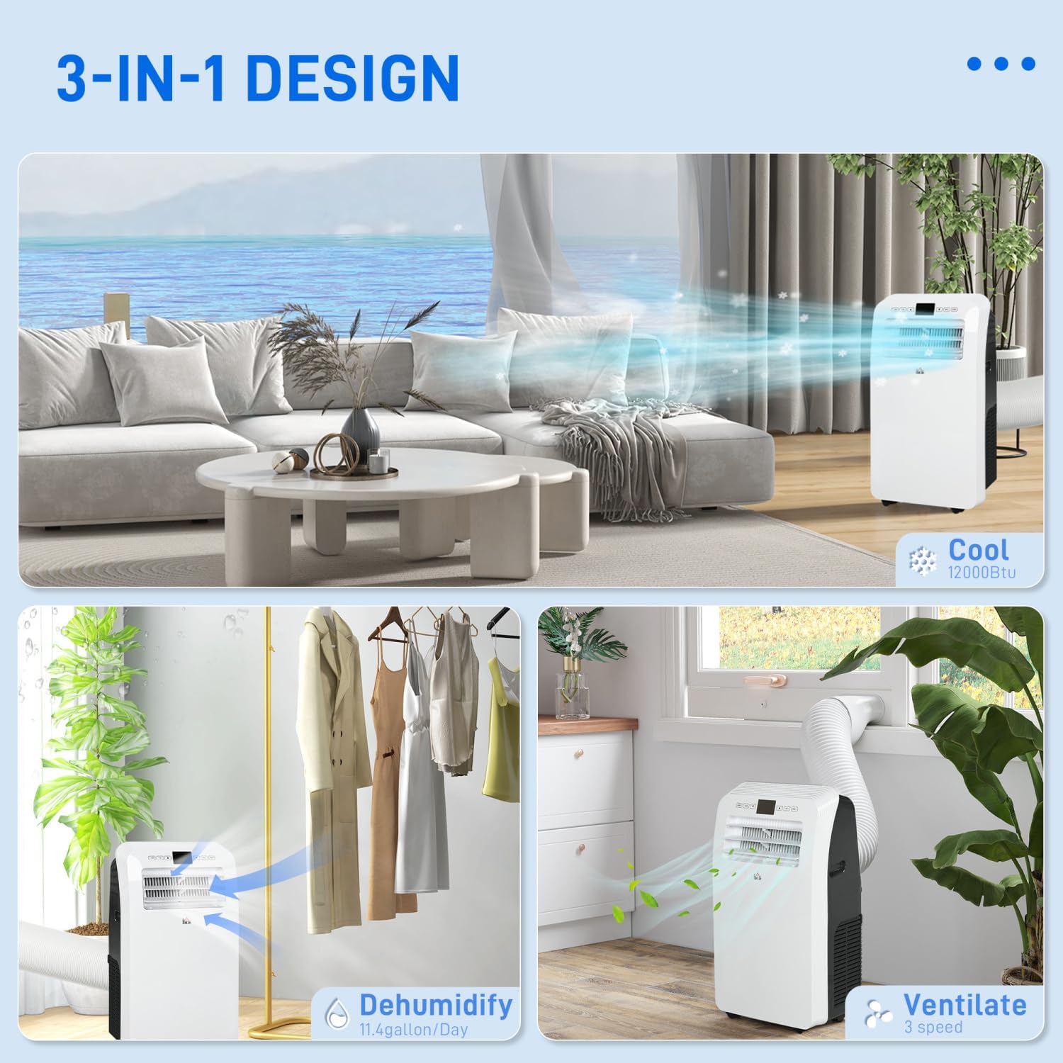 Portable Air Conditioner for Cool and Comfortable Home, 3-in-1 Cooling, Dehumidification, and Fan, 550 Sq. Ft. Coverage, 24Hr Timer, Remote Control