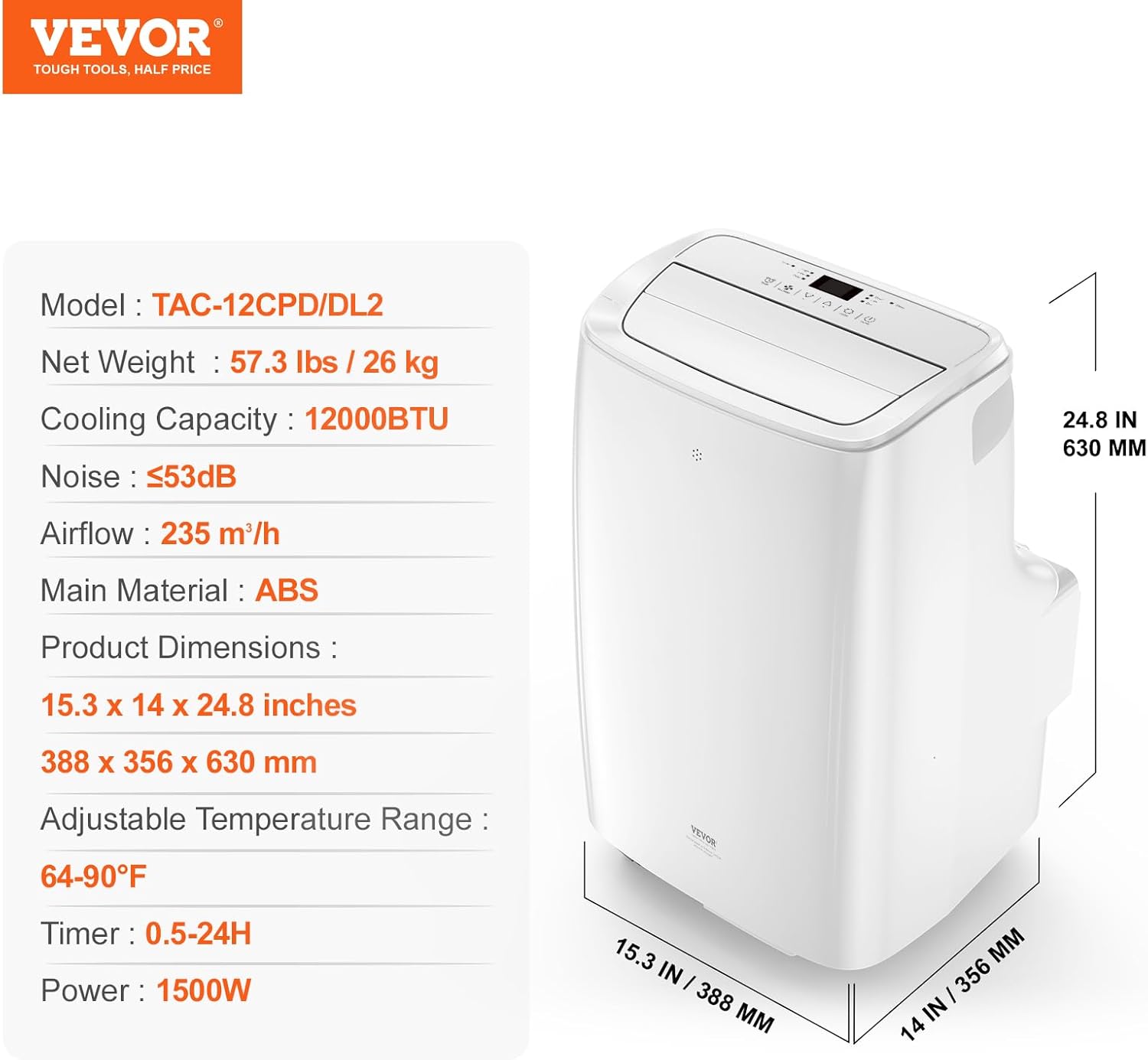 VEVOR Portable Air Conditioner 12,000 BTU, AC Unit with Built-in 3-in-1 Cool, Dehumidifier & Fan Modes for Room up to 550 sq.ft, Includes Remote Control & Window Kit