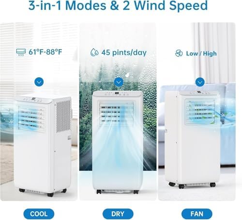 Rapid Breeze 8,000 BTU Portable Air Conditioner - 3 in-1 AC Unit with Dehumidifier, Fan & Sleep Mode - Remote Control, 24H Timer, Window Kit for 350 Sq.Ft Bedroom/Office