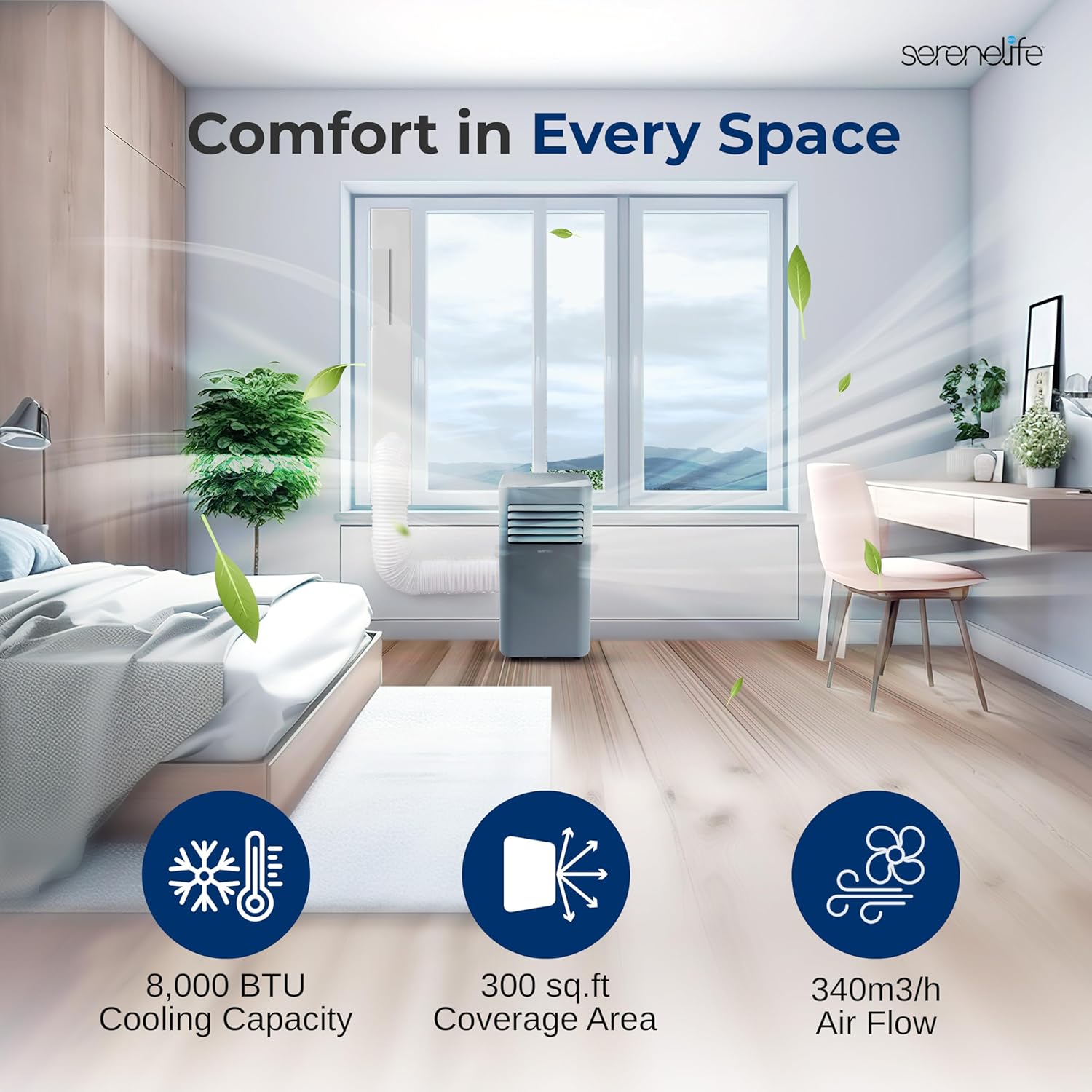 SereneLife Portable AC 8000 BTU, 3-in-1 Cooling, Dehumidifier And Fan Modes, Compact Standing Air Conditioner, Energy Efficient 300 Sq. Ft. Climate Control, Universal Castors And Window Mount Kit