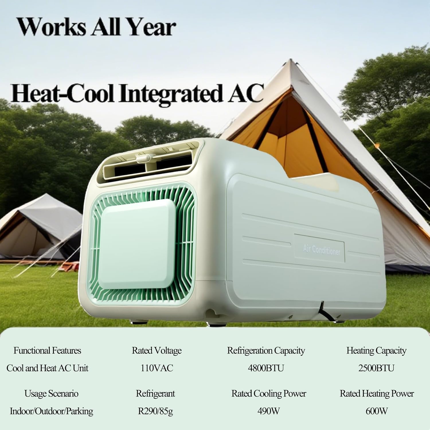 iHooToo Portable Camping Air Conditioner - 110V AC 4800BTU Cooling & 2500BTU Heating, 40-50dB Tent AC for Camping, Remote Control, Cools 86 sq ft, Ideal for Camping, RV, Truck, Small Rooms (Green)