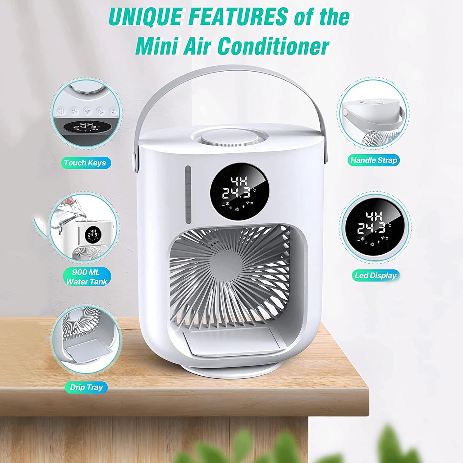 Portable Air Conditioner Fan, Personal Mini Evaporative Air Cooler Desk Cooling Fan Small AC Humidifier LED Display USB with 1000ML Large Capacity,for Bedroom Home Camping Office