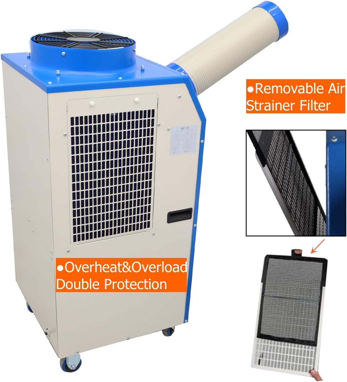 Industrial Air Conditioner Portable Spot Cooler 11900BTU/H Single Column Air-Cooled Commercial Mobile Outdoor Cooling Aircon 480m³/h 110V