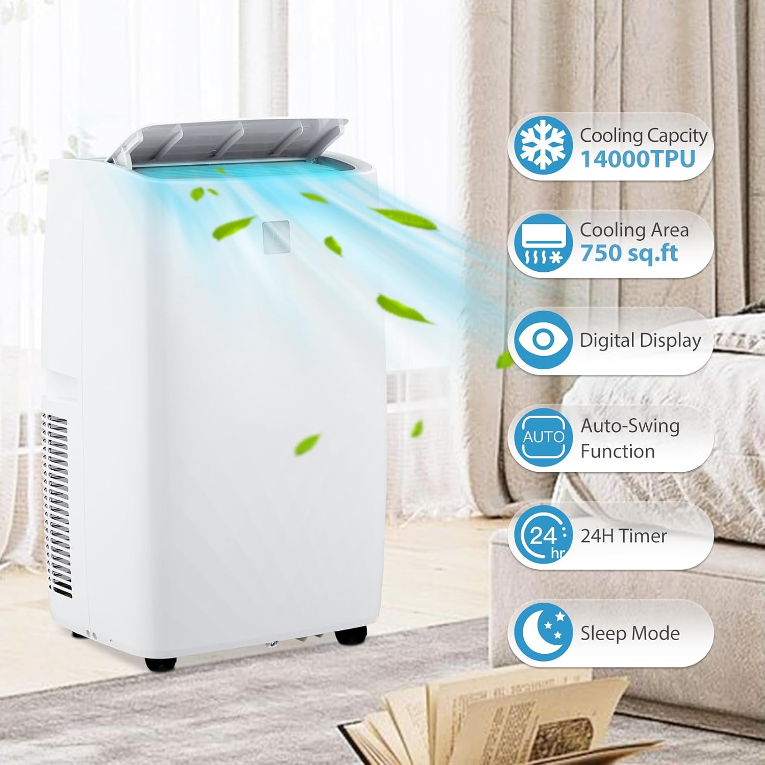 14,000 BTU Portable Air Conditioner, 4-In-1 Portable AC Unit with Cooling, Dehumidifier, Fan & Sleep Mode for Rooms Up to 700 Sq.Ft with Window Kit, 24H Timer & Remote Control