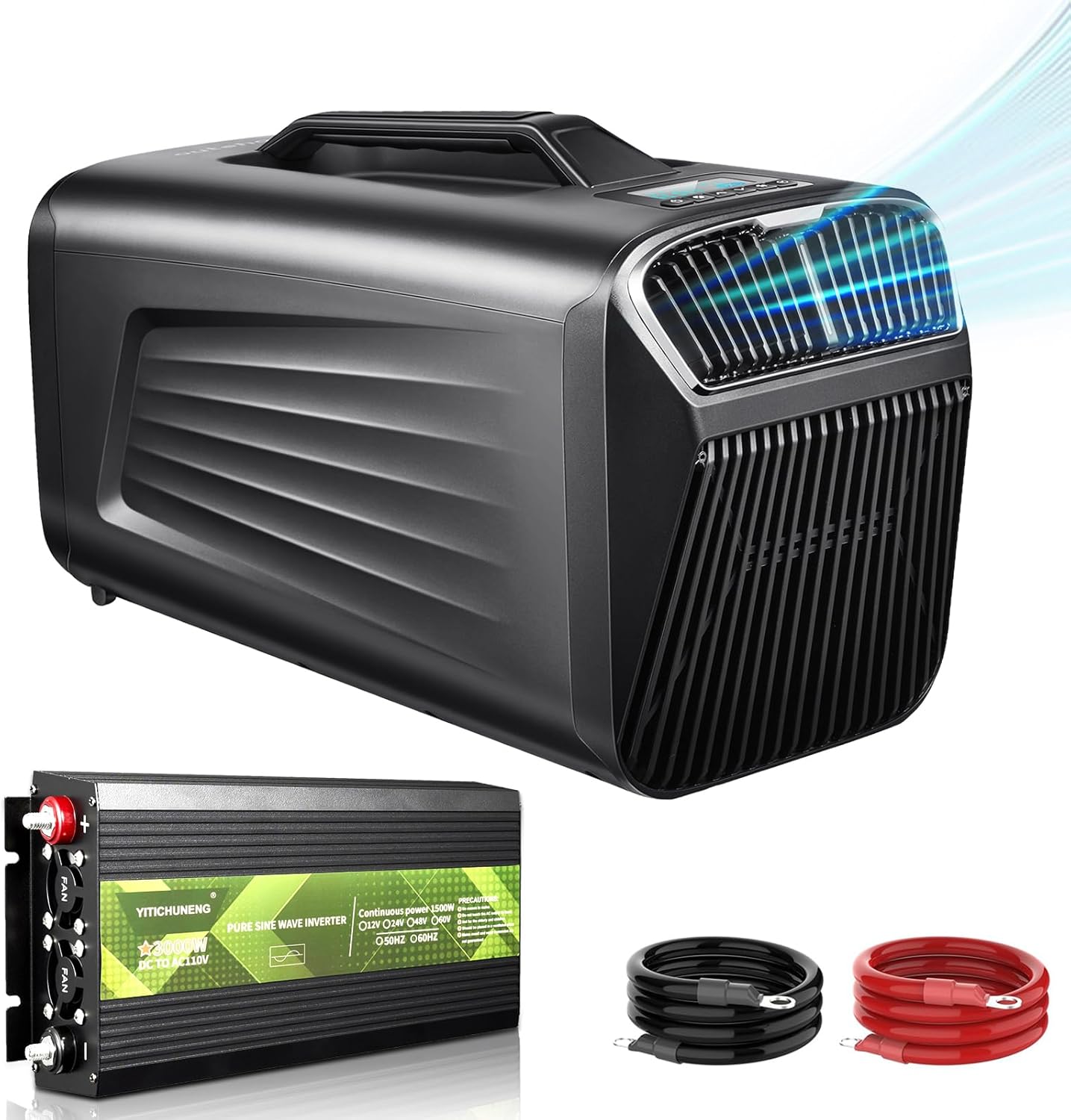 5200BTU Portable Tent Air Conditioner with 1500W Pure SINE Wave Inverter, 12V DC to 110V AC Converter w/Sockets for Cars, Trucks, Vans, and RVs. (Grey)