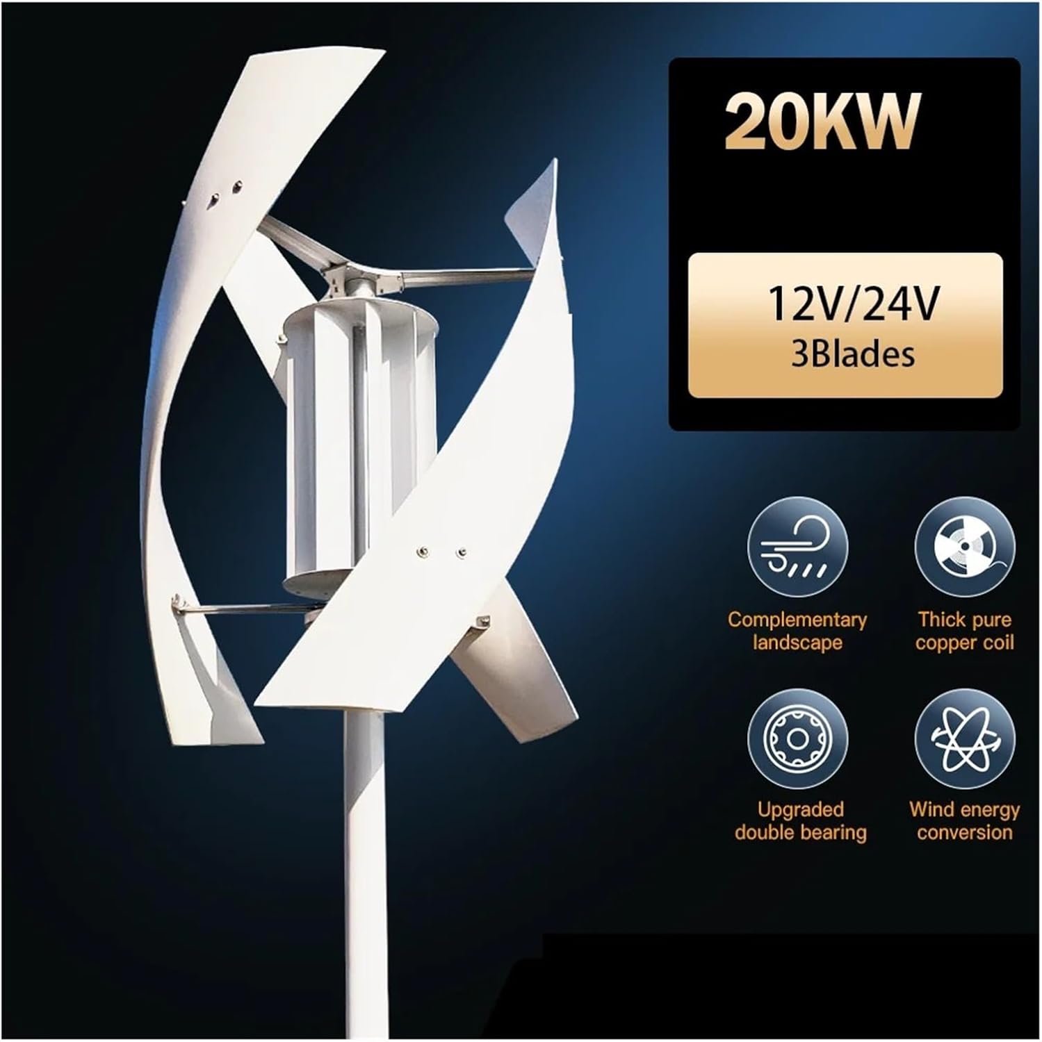 5KW Vertical Axis Wind Turbine High Voltage Generator 5000w 24V 48V with Charge Controller Household Windmill Industrial Energy(Hybrid Control,24V)