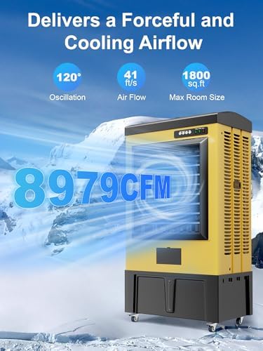 Uthfy 8979 CFM Swamp Cooler Air Conditioner, 58IN Evaporative Air Cooler with 36 Gal Water Tank, 3 Speeds, 120°Oscillation, 5 Ice Packs, Outdoor Air Conditioner for Garage, Patio, Yard, Factory