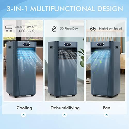 LDAILY Portable Air Conditioner, 10000 BTU for Rooms up to 350 sq.ft, 3-in-1 Evaporative Air Cooler w/Dehumidifying Fan & Remote Control, Sleep Mode, Window Kit, 24H Timer & LED Display, Dark Blue