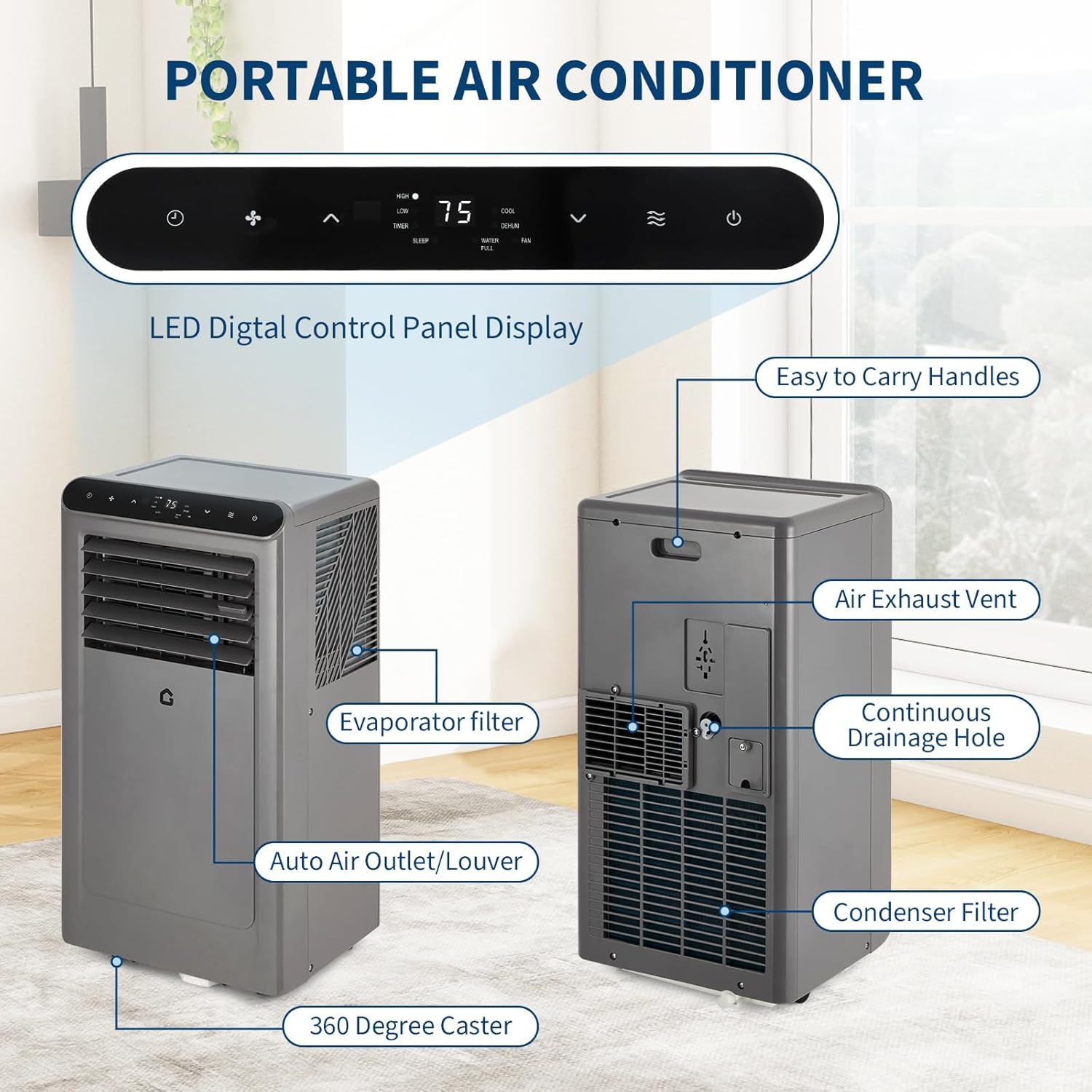 8000 BTUs Portable Air Conditioner with Efficient Cooling, Quiet Portable Cooling AC Up to 350 Sq Ft Dehumidifier Fan Sleep Modes, 3-in-1 AC Unit Remote Control & 24H Timer (8000Btu Style A)