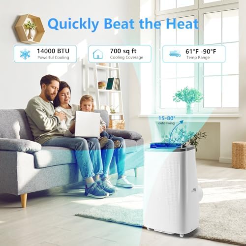 GarveeHome 14,000 BTU Portable Air Conditioner,4 in-1 Multifunctional Air Cooler, Remote Control,24-Hour Timer, Cools Up to 750 Sq.Ft, Low-Noise, Bedroom, Living Room, Office, White