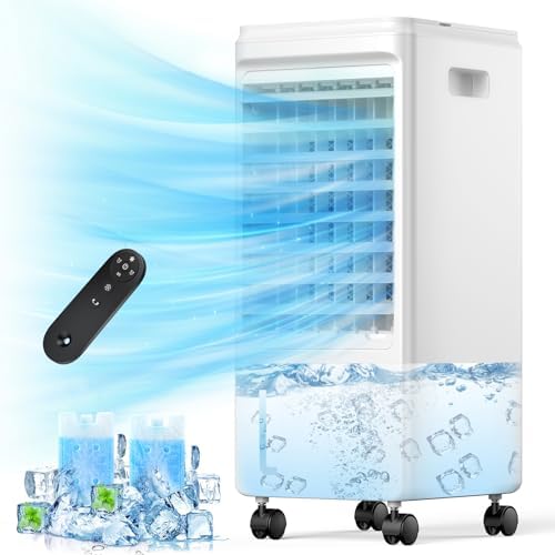 Portable Air Conditioners, 3-IN-1 Evaporative Air Cooler, Swamp Coolers w/ 2 Ice Pack, 1.85 Gal Water Tank, 4 Modes, 80° Oscillation, 7H Timer, Portable Ac for Bedroom, Room, Indoor White