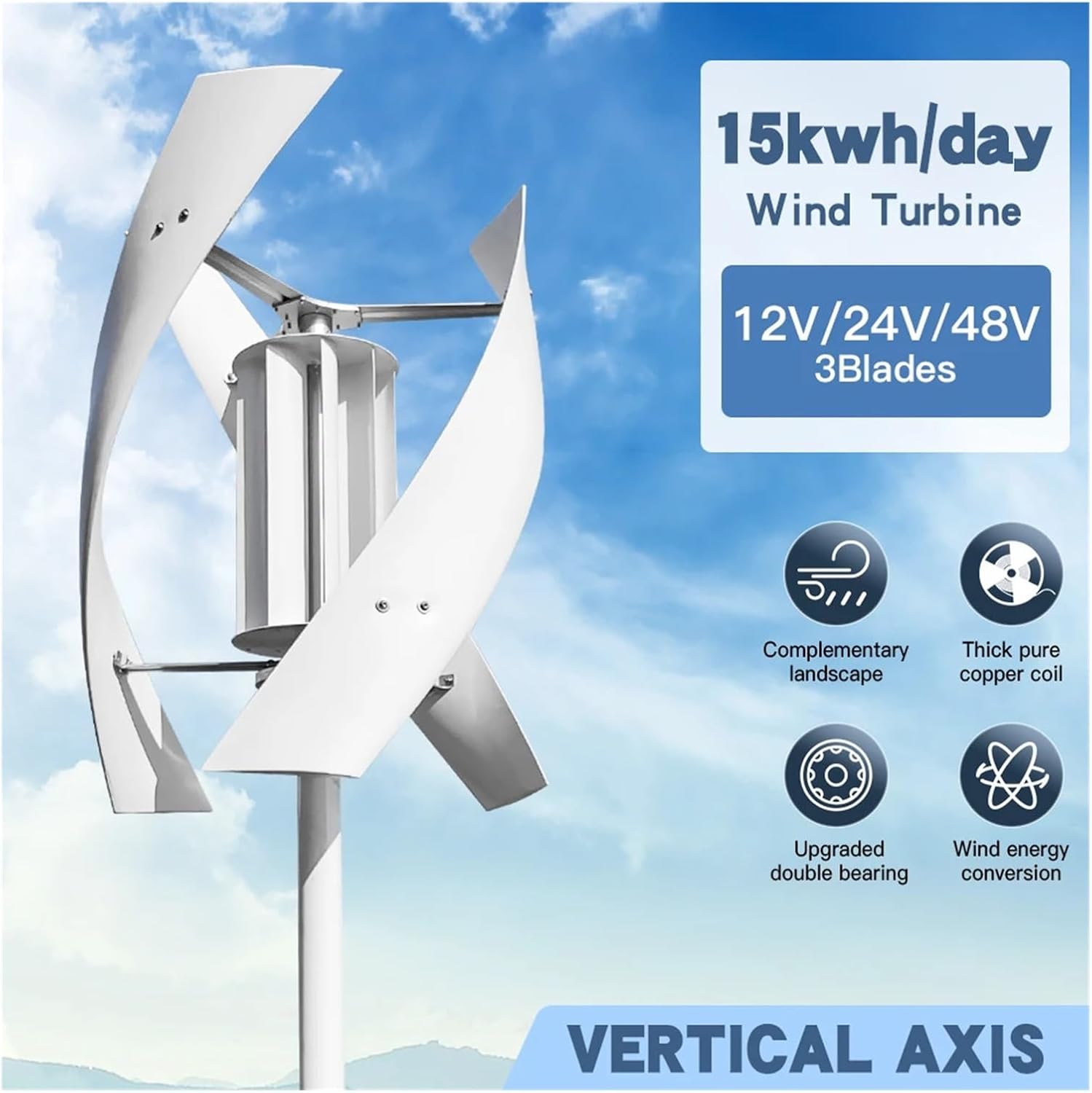 Wind Turbines, Daily 15kwh 5000W Turbine Solar System with Free Charging Controller Yacht Farm Family Farm(3KW with Controller,24V)