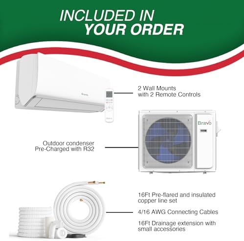 BRAVO 24,000 BTU Dual Zone 9000 + 18000 BTU Wall Mount, 23 SEER2 Ductless Mini Split AC & Heat Pump – Includes Smart Control & 16FT Installation Kits – Inverter System