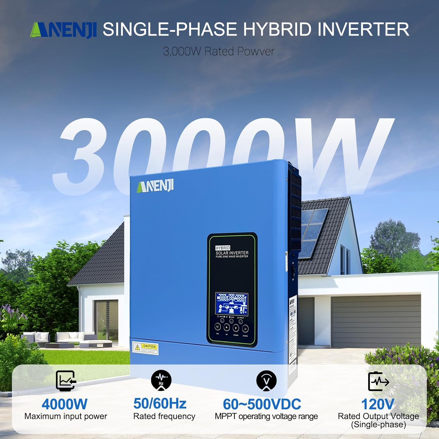 3000W Hybrid Inverter, 24Vdc to 110Vac Solar Inverter Charger Built-in 80A MPPT Controller, Pure Sine Wave PV Power Converter, Supports Battery-Less or AGM Lithium Battery