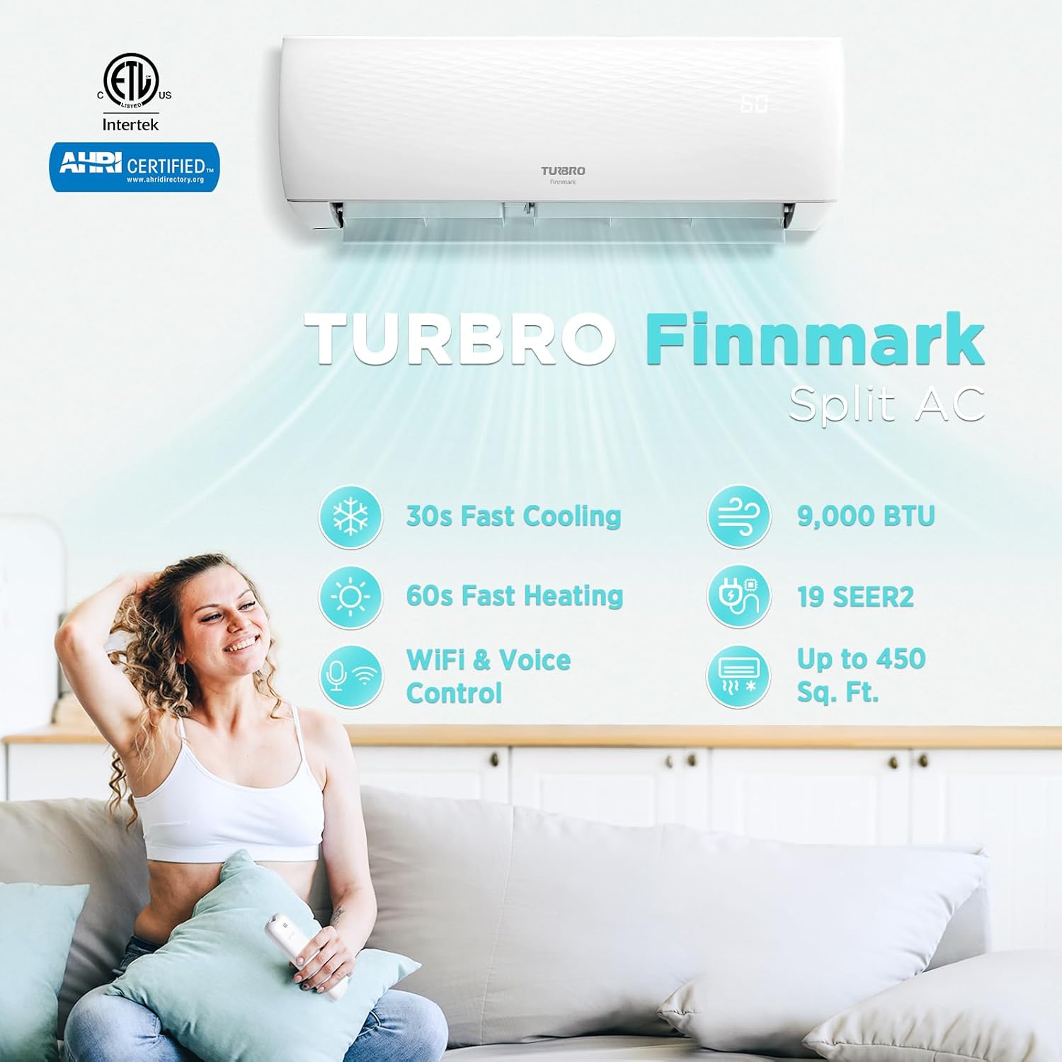TURBRO 9,000 BTU Ductless Mini Split AC with Heat Pump, Inverter Compressor, 19 SEER2, 115V, R32 Refrigerant, Pre-charged Evaporator, WiFi-Enabled, Works with App, AHRI Certified, Finnmark Series