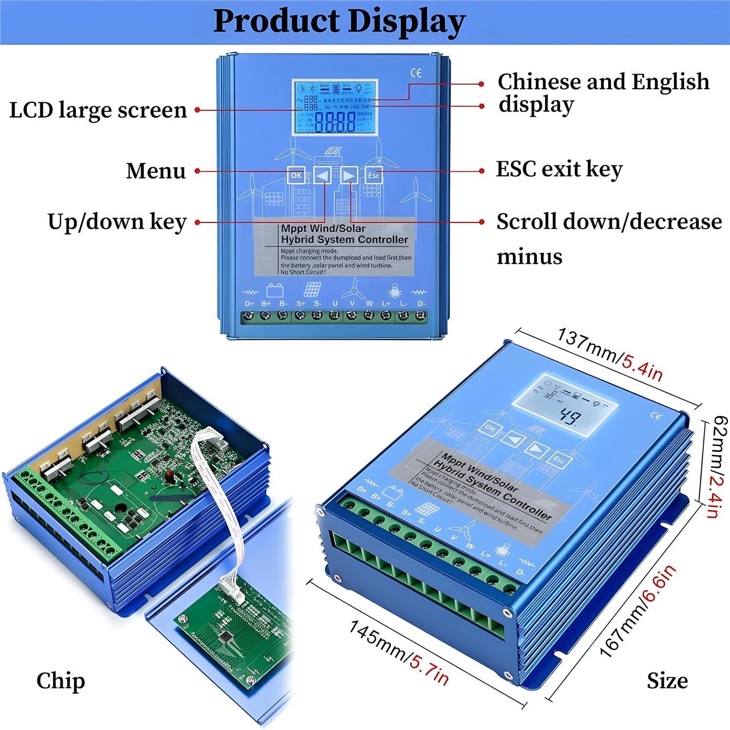 16000W Wind and Solar Charge Controller,Wind Solar Turbine Generator Controller,with LCD Display and Dump Load,Wind Solar Hybrid Charge Controller, for Home, Boat, Street Light 12V