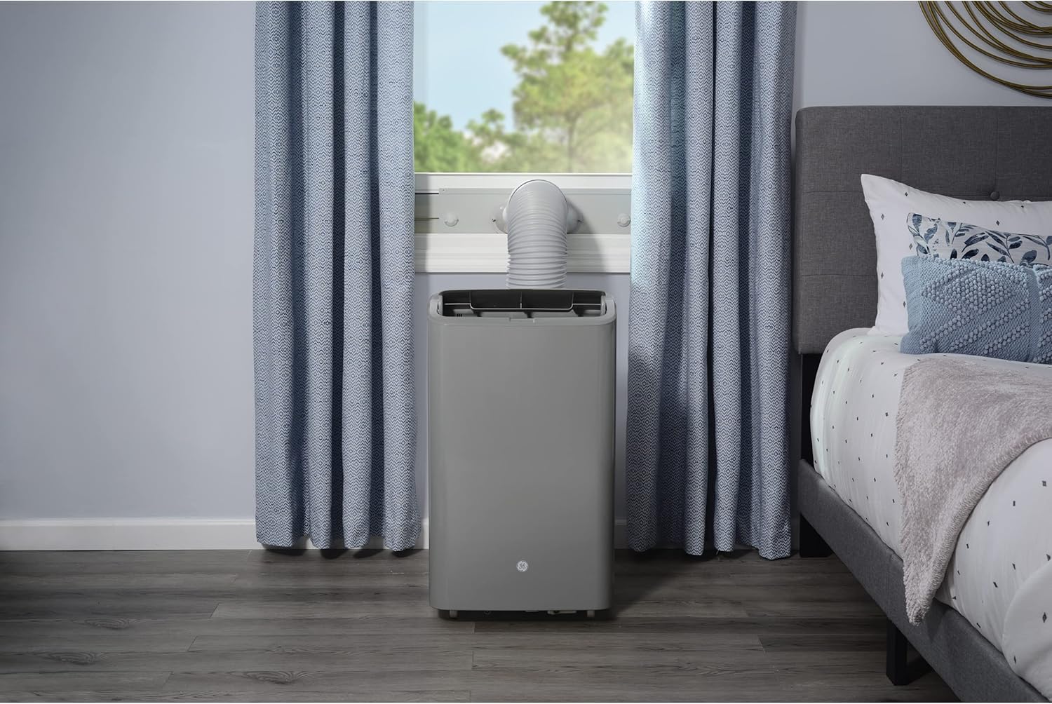 GE 7,500 BTU Smart Portable Air Conditioner for Medium Rooms up to 300 sq ft.,3-in-1 with Dehumidify,Fan and Auto Evaporation,Dual Hose Compatible,Included Window Installation Kit, Built-in WiFi,Grey