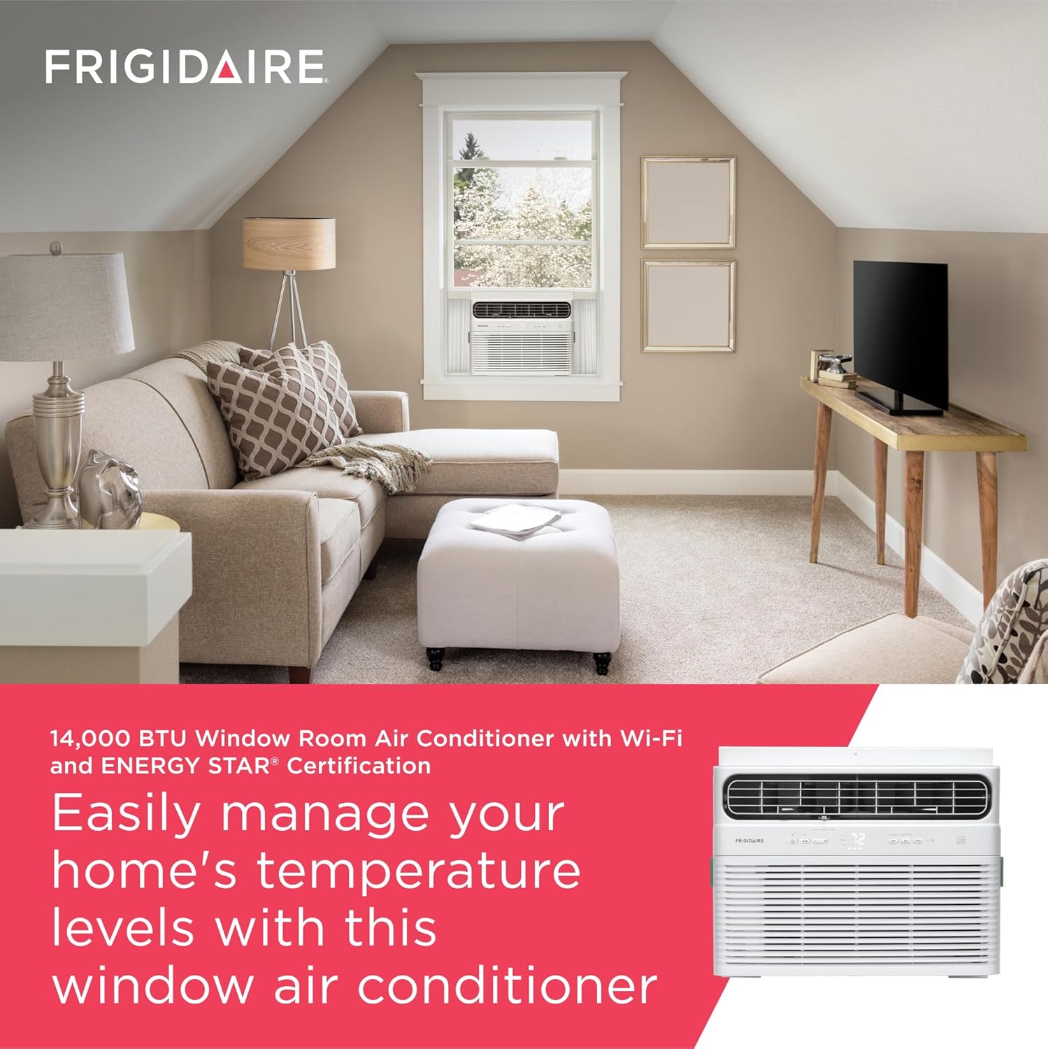 Frigidaire 14,000 BTU Smart Inverter Window Air Conditioner with Wi-Fi and Energy Star Certification, Cools Up to 700 Sq. Ft., Ultra Quiet Operation, White