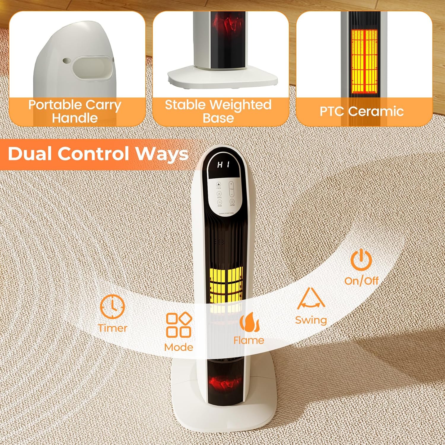 VCJ 33” Space Heater for Indoor Use, 1500W PTC Ceramic Electric Heater with Remote, 12H Timer, 108°Oscillation, LED Display Quiet Portable Heater for Bedroom Office