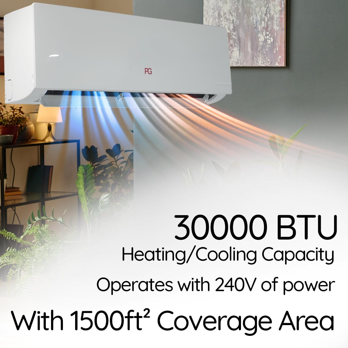 PG Split System Air Conditioner 30,000 BTU Heat Pump, 17 SEER Ultra Energy Efficient, Quiet Operation, Indoor & Outdoor Units, 240V, Wi-Fi Smart Control