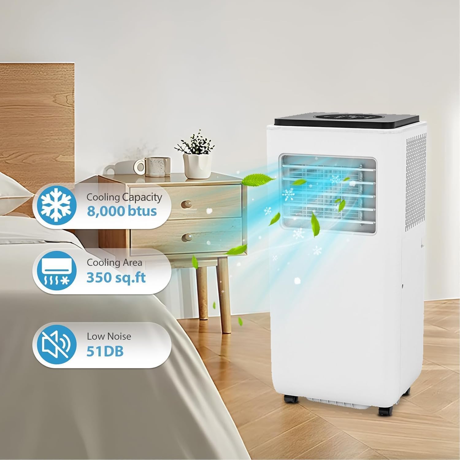 Portable Air Conditioners 8000 BTU, Remote Control AC Unit with 24H Timer, Low Noise & Energy Saving for Rooms Up to 350 Sq.Ft, Dorm, Office, Bedroom, Black & White