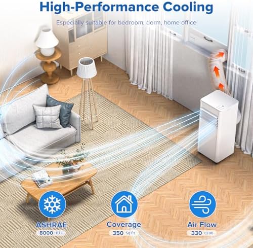 ZAFRO 8000 BTU Portable Air Conditioner Cools up to 350 Sq. Ft., Remote Control, LED Display, 3-in-1 Modes Portable AC Units with Window Kits for Bedroom, Home, Dorm, Office, White