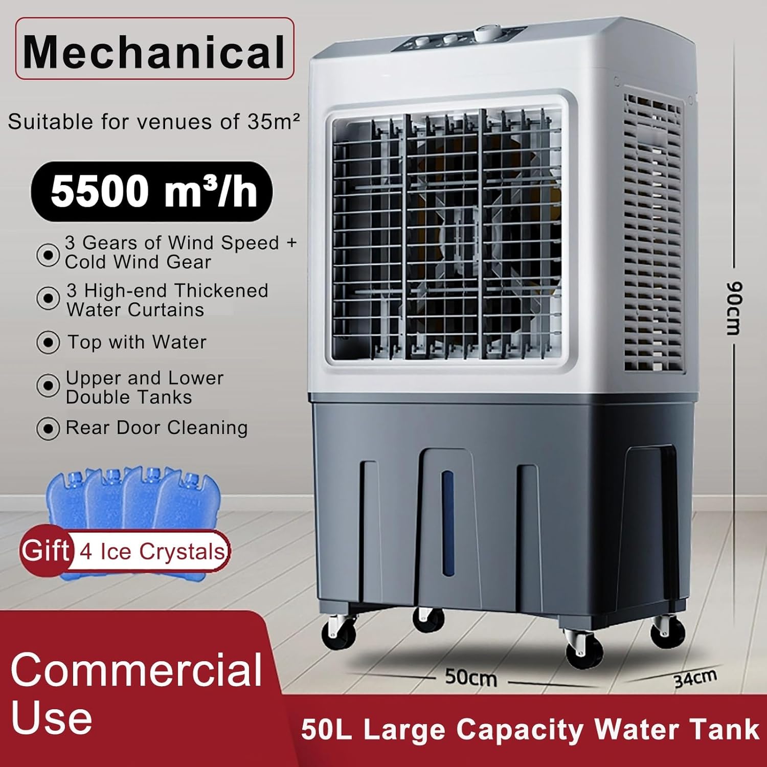 Commercial Evaporative Air Cooler Fan, Industry Humidifier, 3 in 1 200W Air Conditioner, 50L Large Water Tank, Air Coolers for Home, Cool Up to 50 M² (Color : Mechanical, Size : 50x34x90cm)