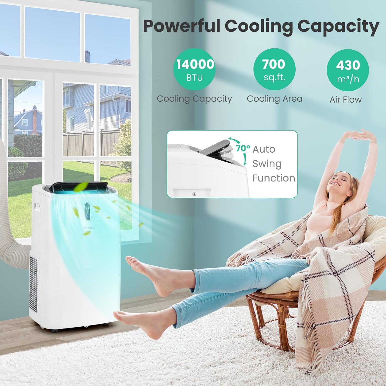 COSTWAY Portable Air Conditioner, 14000 BTU AC Unit with Cool, Fan, Heat & Dehumidifier, Alexa Voice-Enabled, with WiFi Smart App Control,Cools up to 700 Sq. Ft