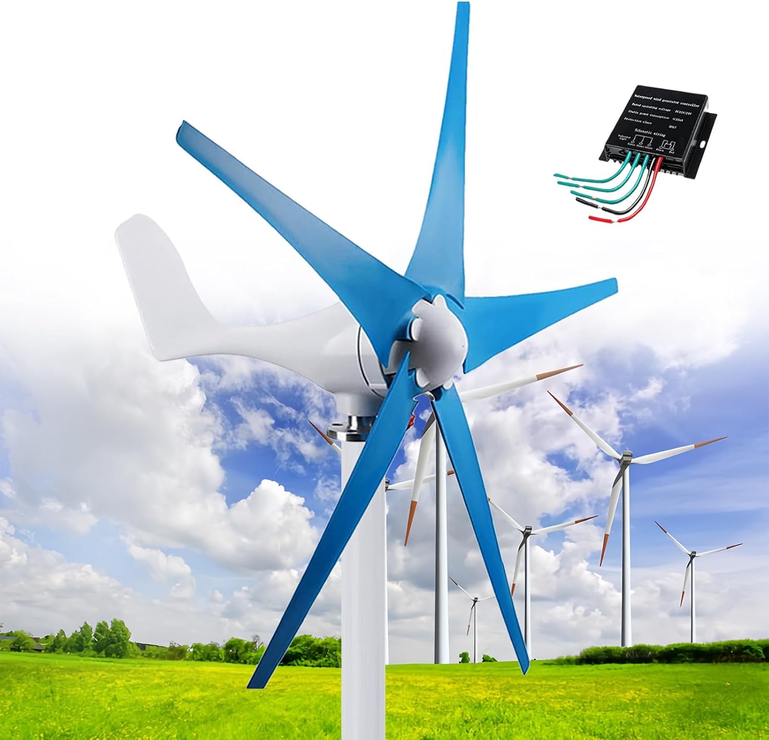 12000W Wind Turbine Generator Kit for Home, Wind Generator 12V/24V/48V, Low Start-Up Speed Free-Energy Generator Wind Power Generator Kit, Industrial Energy Windmill Generator,Blue-48V