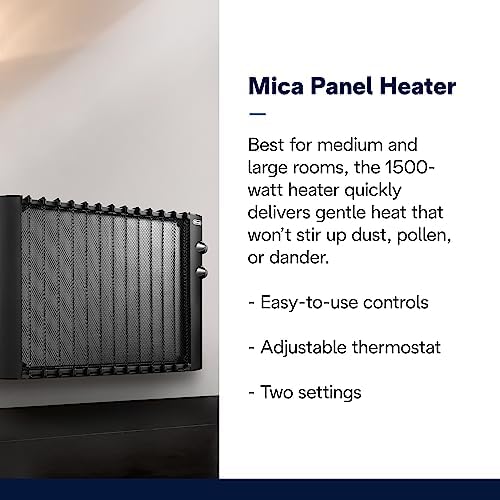 DeLonghi Mica Panel Space Heater, 1500W quiet electric space heater for indoor use, adjustable thermostat, freestanding/ easy wall mount, full room heating with built-in safety features, HMP1500 Black