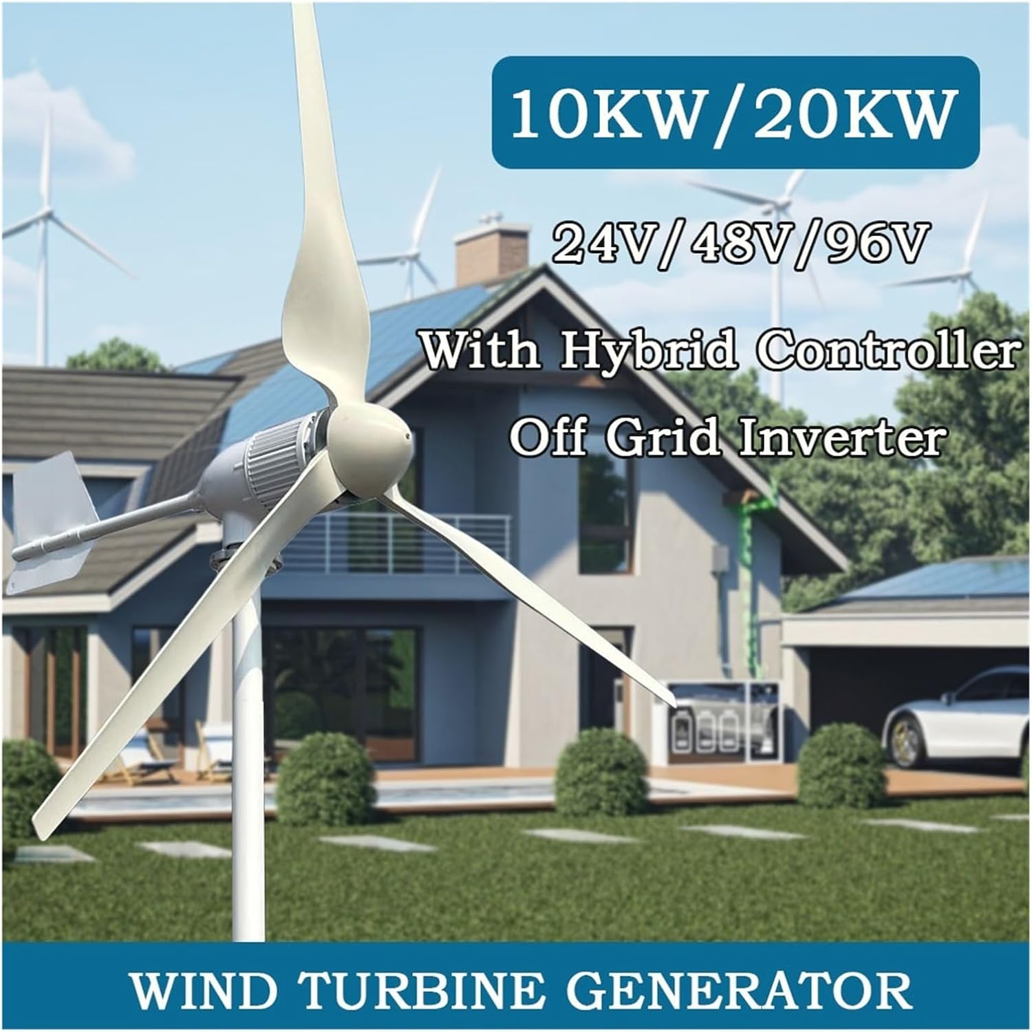 Wind Turbine Generators Kit, 20KW Horizontal Wind Turbine Generator 96V 48V 24V Windmill Strong Power Off Grid Inverter Output for Home Industrial Energy(Hybrid Control,24V_10KW)