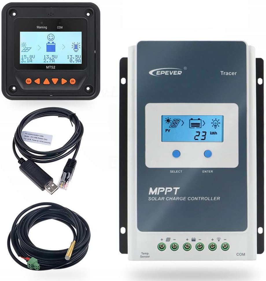 EPEVER 40A MPPT Solar Charge Controller 12/24V DC Tracer-an Series Charge Controller with MT52 Remote Meter &Temperature Sensor &RS485 Cable fit for Lithium, Sealed, AGM Battery Negative Grounded