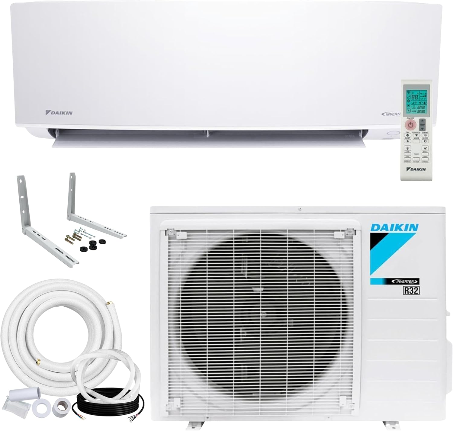Daikin 9,000 BTU 18 SEER2 Entra R32 Series Ductless Mini Split Heat Pump System w/Maxwell All-Inclusive 15’ Installation Kit and Wall Mounting Bracket (230V), White, RXC09+FTXC09+IKM1438+WAFP24