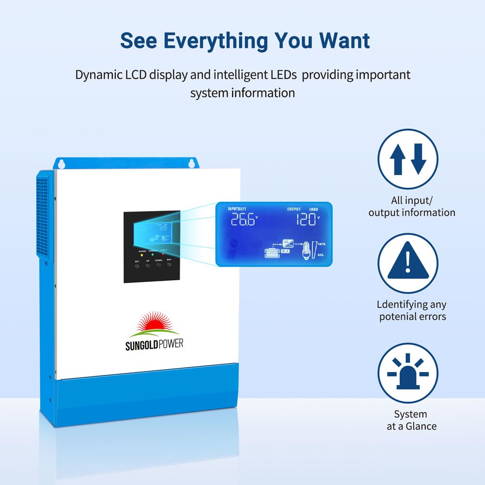 SUNGOLDPOWER 3000W DC 24V Solar Inverter with 60A MPPT Solar Charger (MPPT Voltage Range 30-90Vdc), 40A AC Battery Charger, 120V AC Output,All in One Pure Sine Wave Inverter