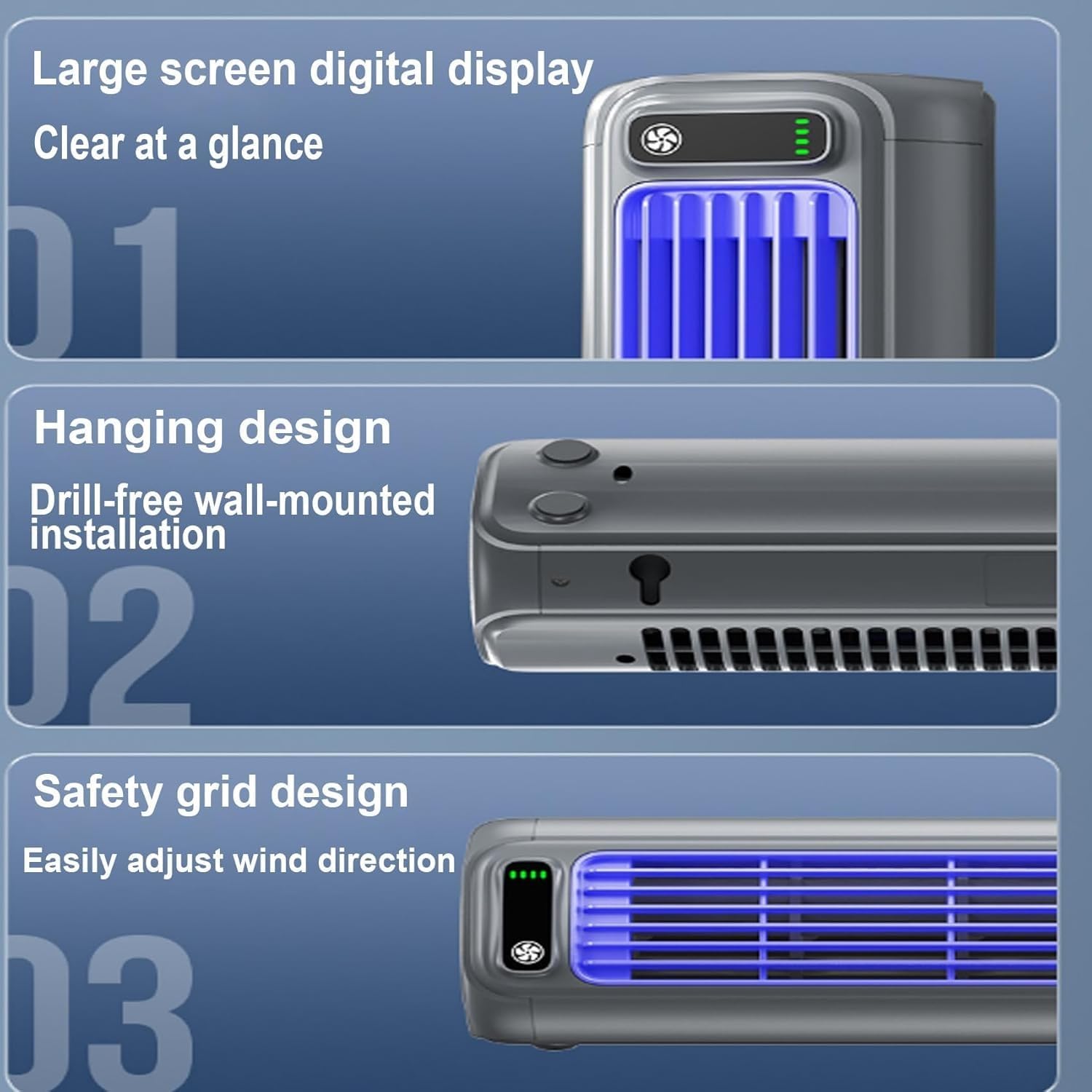 KtEli Portable Air Conditioners Cooling Fan，Air Conditioner, Silent Portable Bladeless Fan, 3 Wind Speeds, Screen Power Display, Ultra Long Battery Life, For Bedroom, Kitchen (Rechargeable)(Gray)