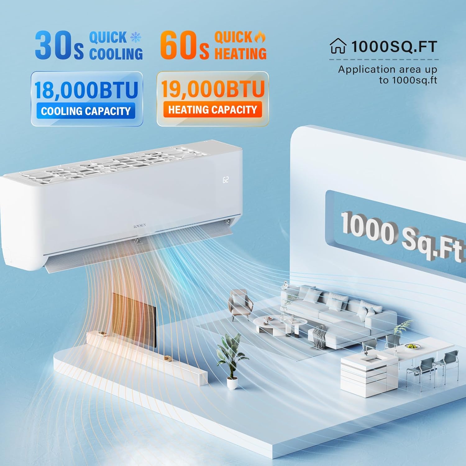 ROVSUN 18,000 BTU Smart WIFI Mini Split AC/Heating System with Inverter & APP Control, 23 SEER2 Ductless Split Air Conditioner with Pre-Charged Condenser, Heat Pump & Installation Kit, 230V