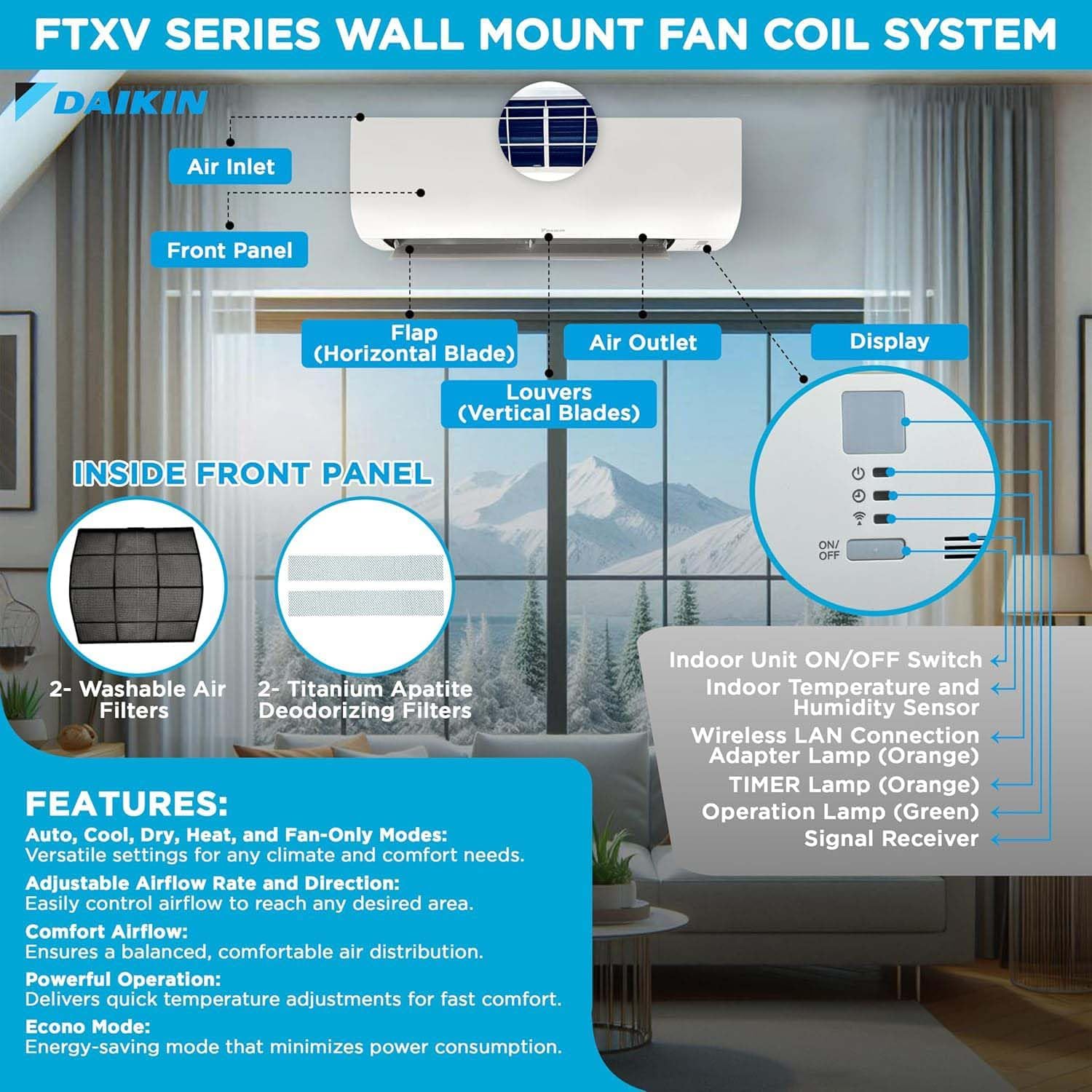 Daikin 9,000 BTU 21 SEER2 Aurora Low Ambient Ductless Mini Split Air Conditioner Heat Pump with Maxwell 15 ft. Installation Kit and Bracket - Wi-Fi Enabled R32