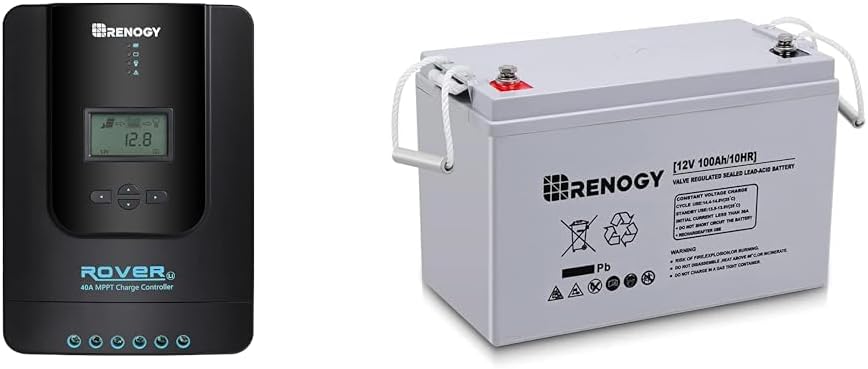 Renogy Rover 40 Amp 12V/24V DC Input MPPT Solar Charge Controller Auto Parameter & Deep Cycle AGM 12 Volt 100Ah Battery, 3% Self-Discharge Rate, 1100A Max Discharge Current